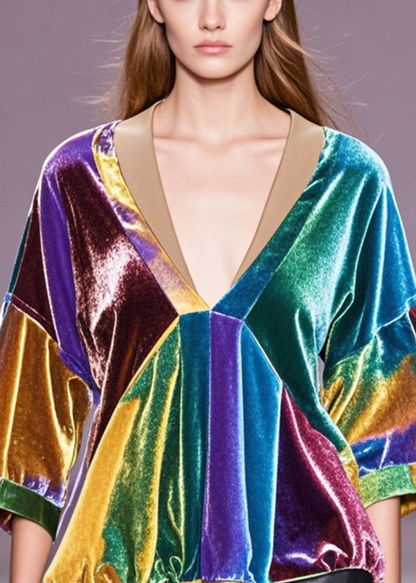 Multicolour V Neck Patchwork Silk Velour Blouse Tops Fall