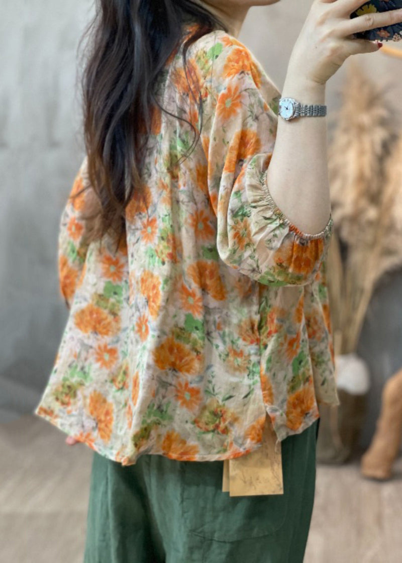 Orange Print Ruffled Patchwork Button Shirt Long Sleeve
