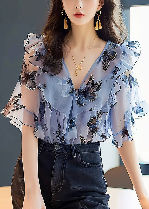 Blue Ruffled Print Chiffon Shirts Half Sleeve