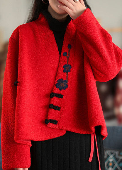 Stylish Red Button Embroidered Woolen Coats Spring