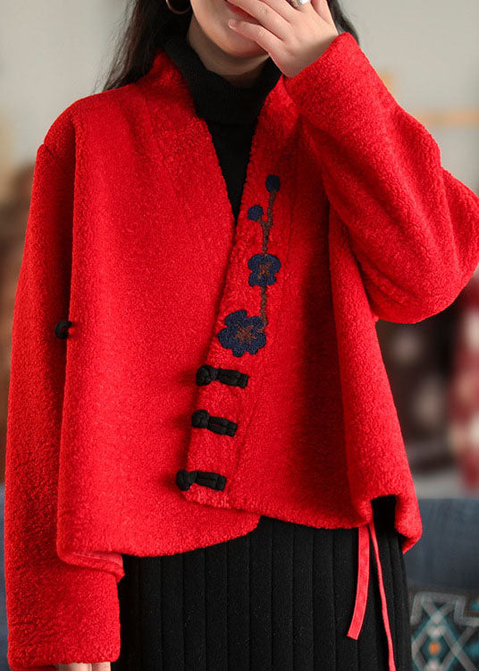 Stylish Red Button Embroidered Woolen Coats Spring