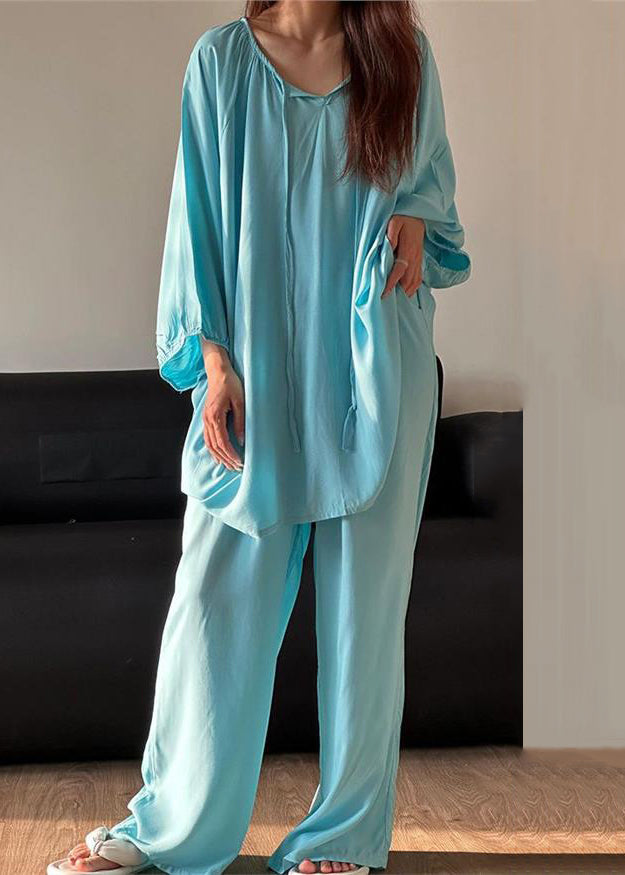 Simple Blue O Neck Lace Up Cotton Pajamas Two Piece Set Fall