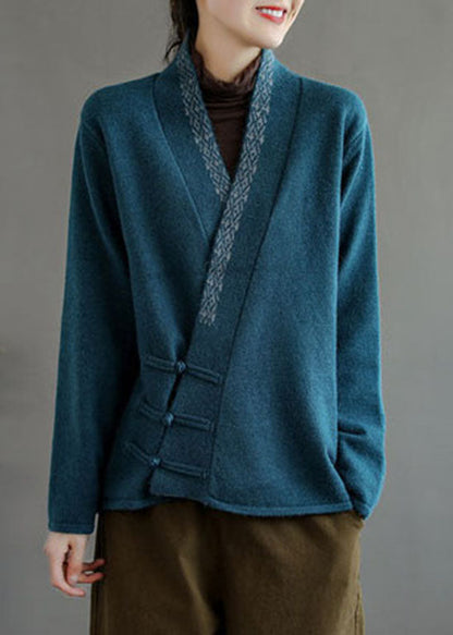 Blue Button V Neck Embroidered Woolen Coats Long Sleeve
