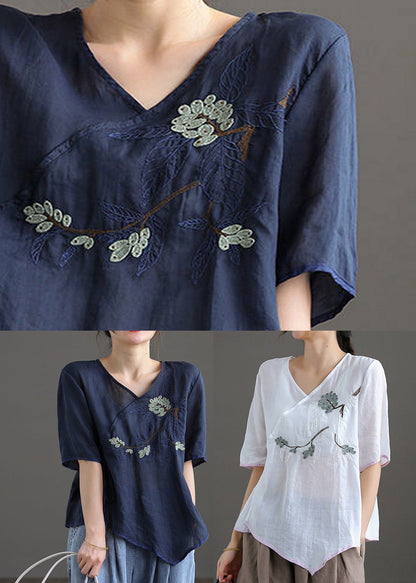 Fine White V Neck Embroidered Linen Top Short Sleeve