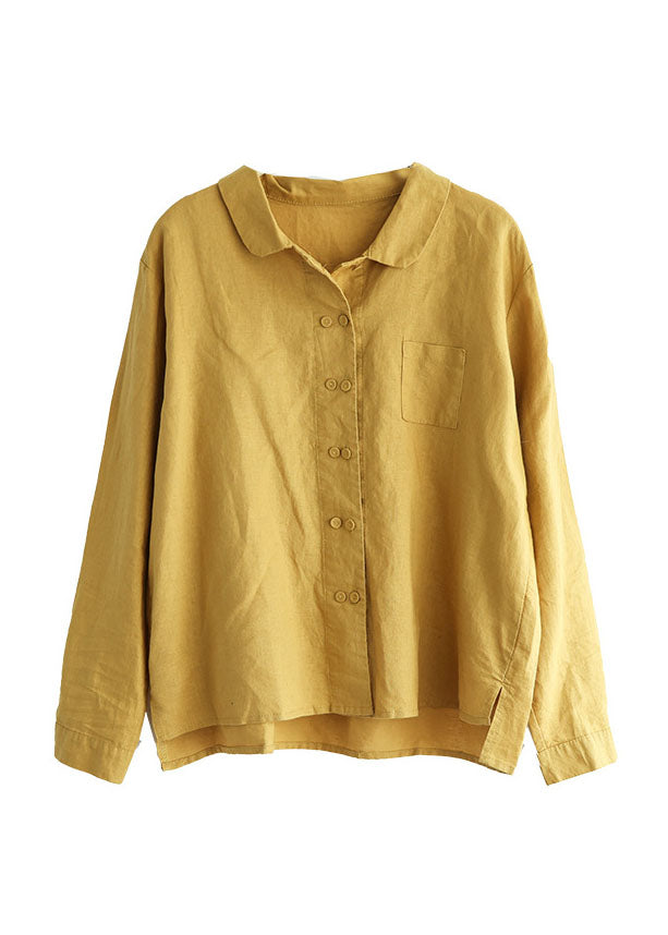 Yellow Peter Pan Collar Button Patchwork Linen Shirts Tops Spring