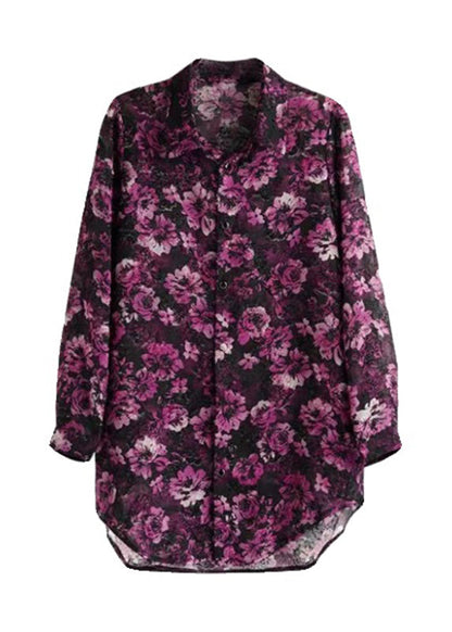 Purple Print Peter Pan Collar Button Chiffon Shirts Fall