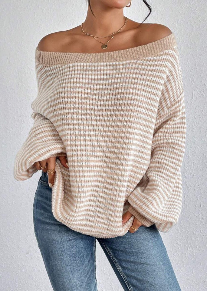 Stylish Green Slash Neck Striped Knit Sweaters Lantern Sleeve