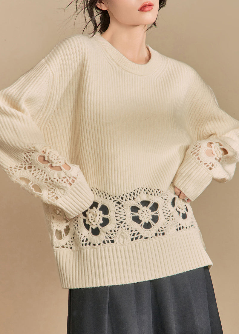 Loose Beige Hollow Out Knit Sweater Winter
