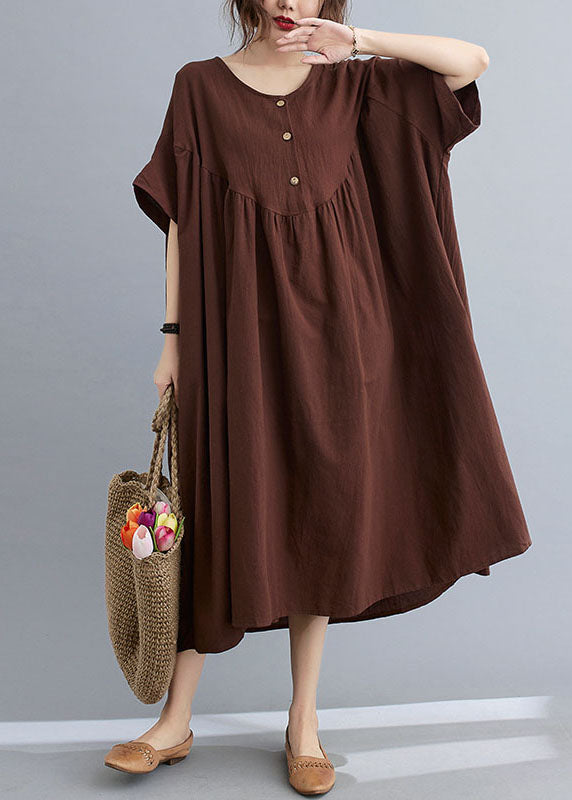 Coffee O Neck Wrinkled Patchwork Cotton Long Dresses Short Sleeve