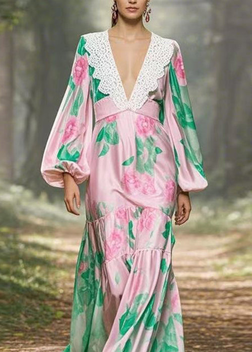 Pink V Neck Print Patchwork Silk Long Dress Lantern Sleeve