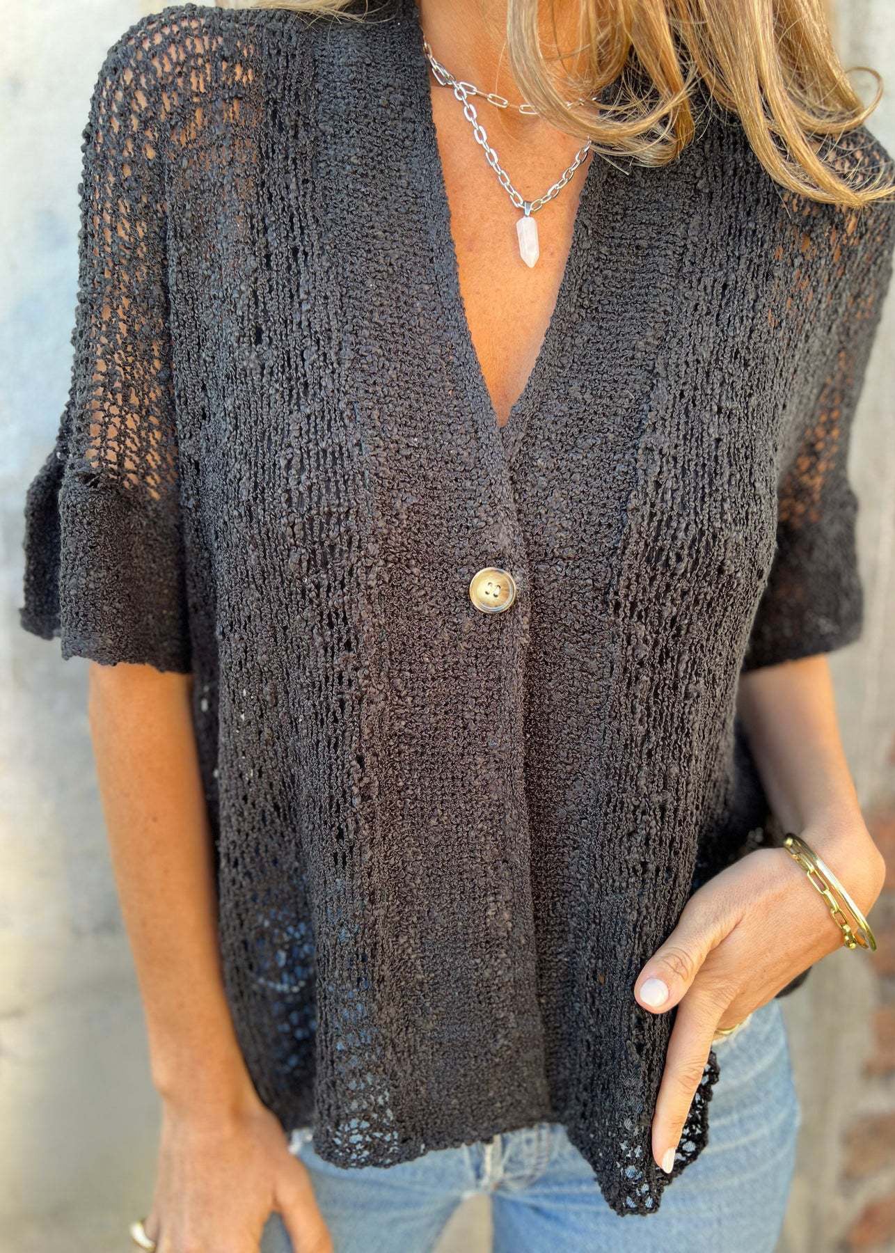 Organic White V Neck Hollow Out Knit Tops Summer