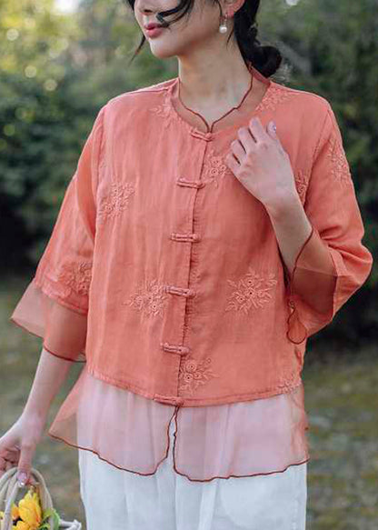 Handmade Pink O-neck Embroidered Button Shirts Summer