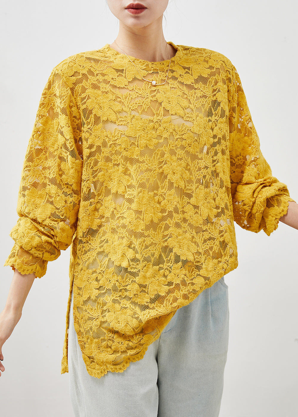 Yellow Hollow Out Side Open Lace Top Summer