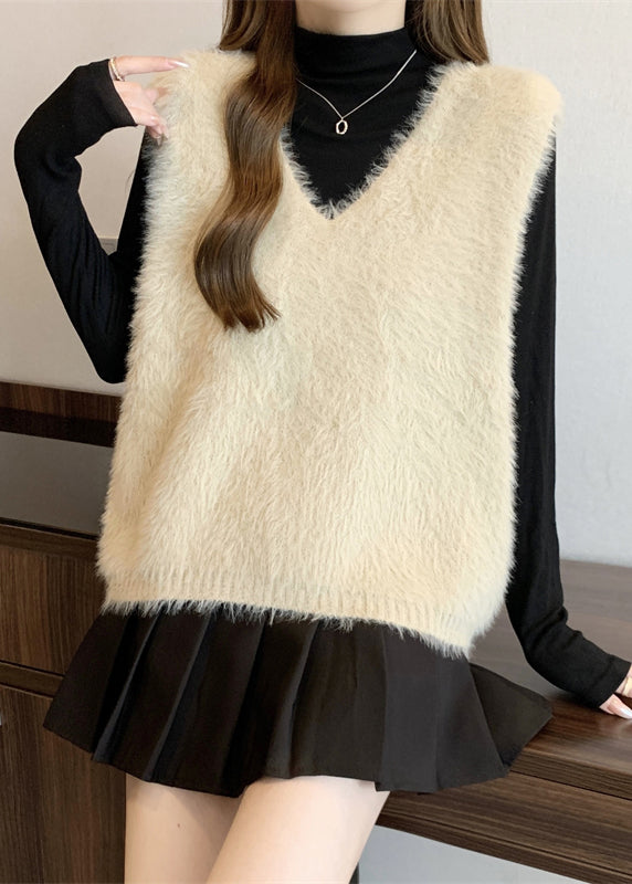 Diy Beige V Neck Cozy Faux Fur Knit Top Fall
