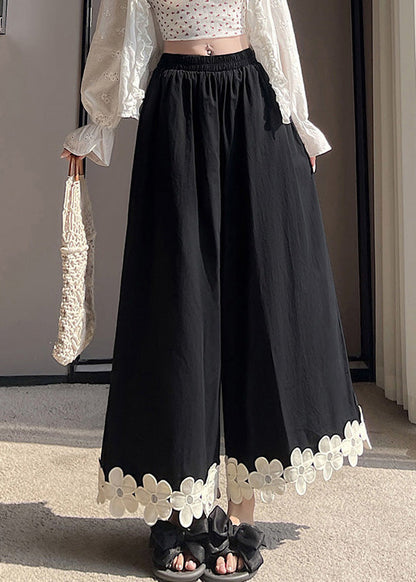 Original Design Black Patchwork Cotton Wide Leg Pants Summer