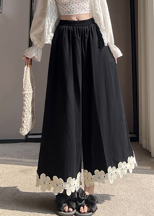 Original Design Black Patchwork Cotton Wide Leg Pants Summer