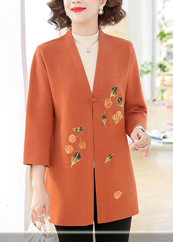 Orange Print Cotton Knit Cardigans Bracelet Sleeve