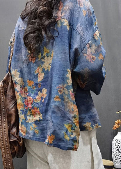 Blue Print Button Linen Top Long Sleeve