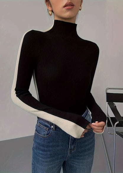 Fitted Black Hign Neck Patchwork Knit Sweaters Top Spring