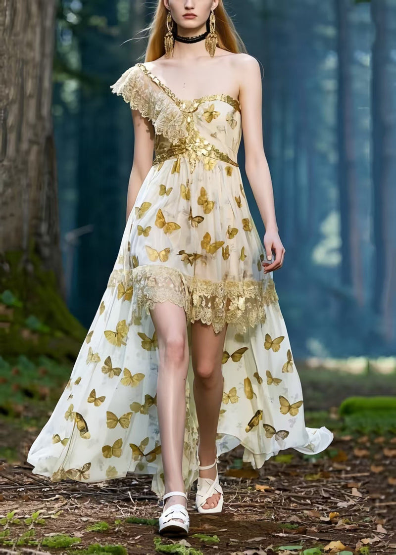 One Shoulder Butterfly Print Chiffon Vestidos Dresses Summer