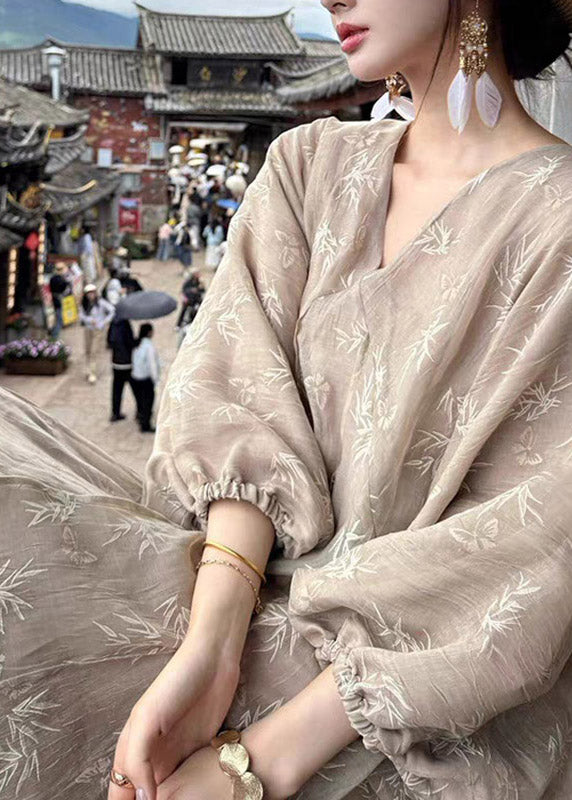 Chinese Style V Neck Print Maxi Dresses Lantern Sleeve