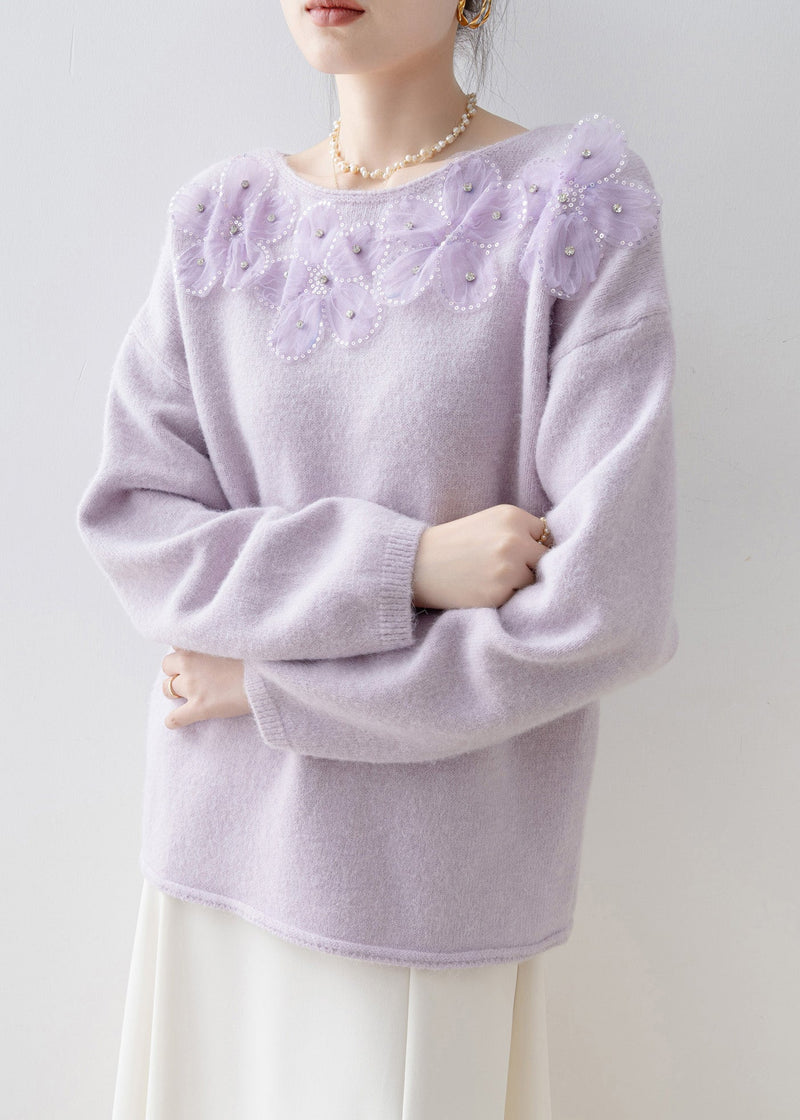 Purple O Neck Sequins Zircon Knit Top Spring