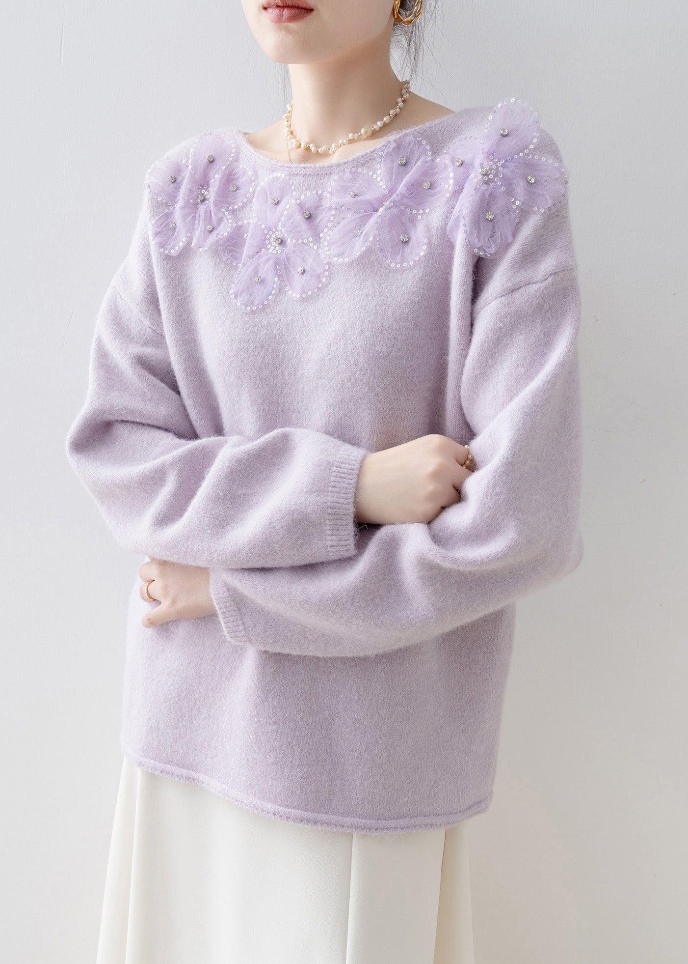 Purple O Neck Sequins Zircon Knit Top Spring