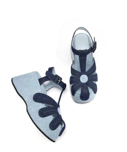 Blue Wedge Denim Fabric Splicing Hollow Out Sandals
