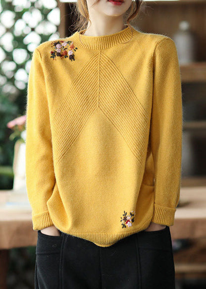 Yellow Embroidered Knit Sweater Winter