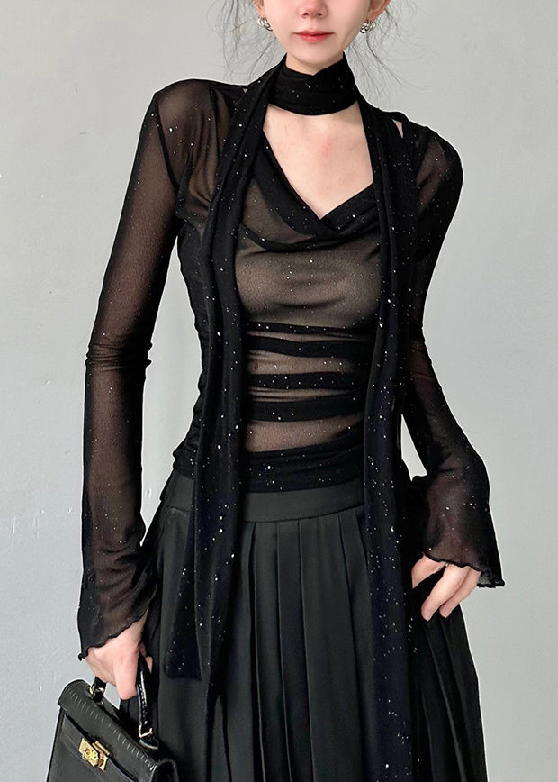 Slim Fit Black V Neck Tulle T Shirts Fall