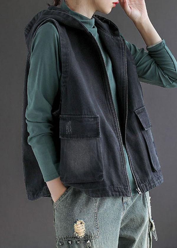 French Black Denim Hooded Patchwork Fall Waistcoat Sleeveless
