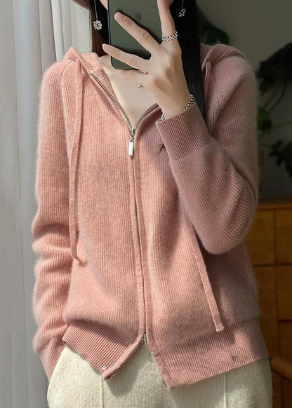 Pink Hooded Zip Up Wool Knit Coat Fall