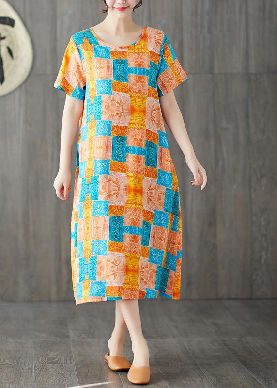Orange Red Prints Linen Cotton Dresses O Neck Dresses Summer Dresses
