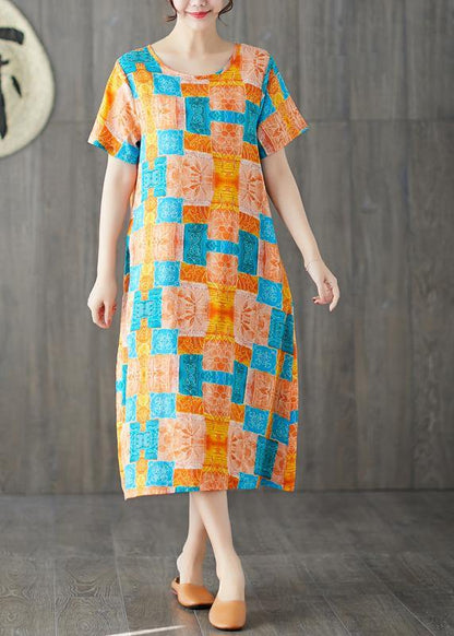 Orange Red Prints Linen Cotton Dresses O Neck Dresses Summer Dresses