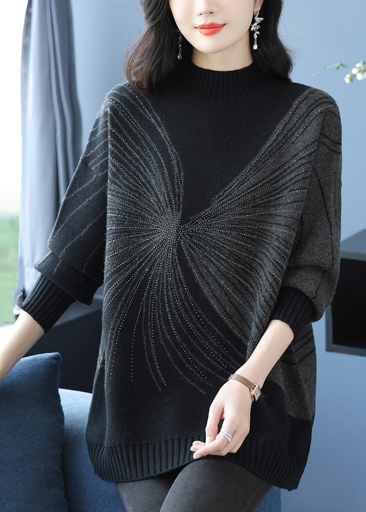 Black Turtleneck Zircon Thick Knit Sweaters Fall