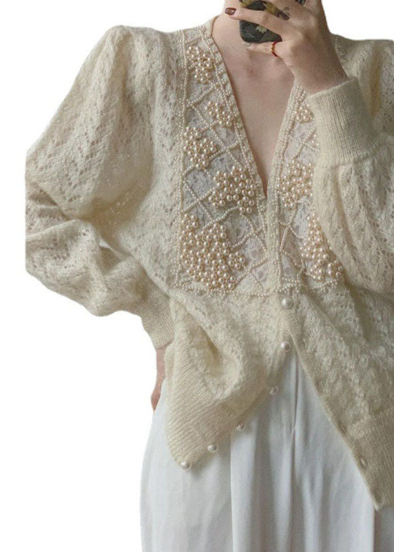 Loose Beige V Neck Pearl Button Thick Ma Hai Mao Knit Coat Long Sleeve