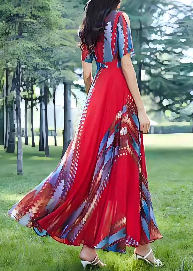 Red O Neck Print Chiffon Long Dress Summer
