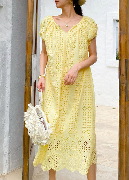 Boutique Yellow O-neck Hollow Out Knitted Cotton Long Dress Summer