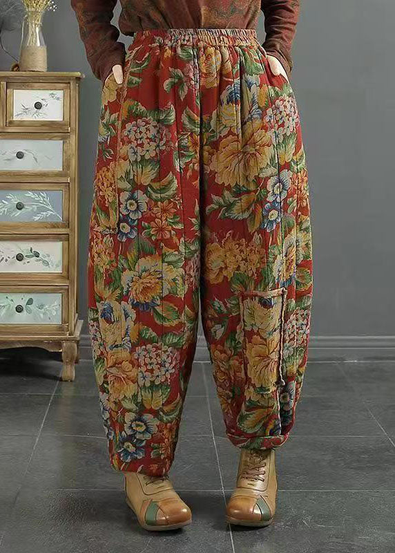 Red Pockets Print Elastic Waist Fine Cotton Filled Pants Winter