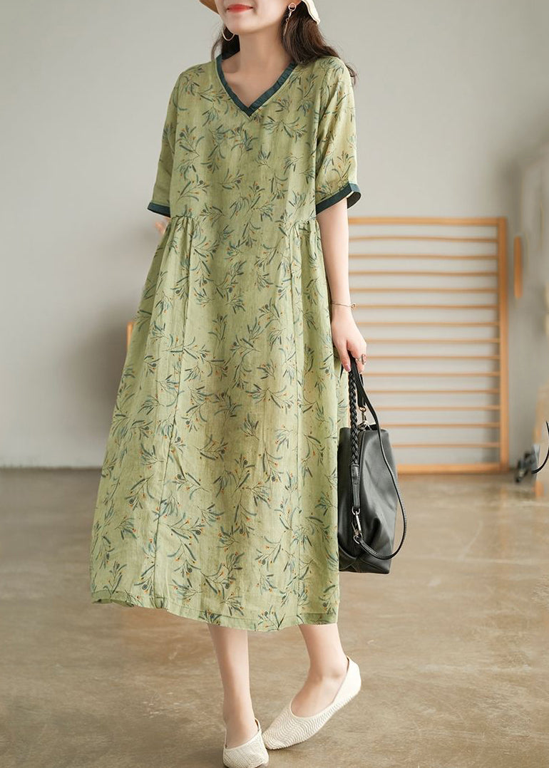 Green Wrinkled V Neck Patchwork Cotton Long Dress Short Sleeve