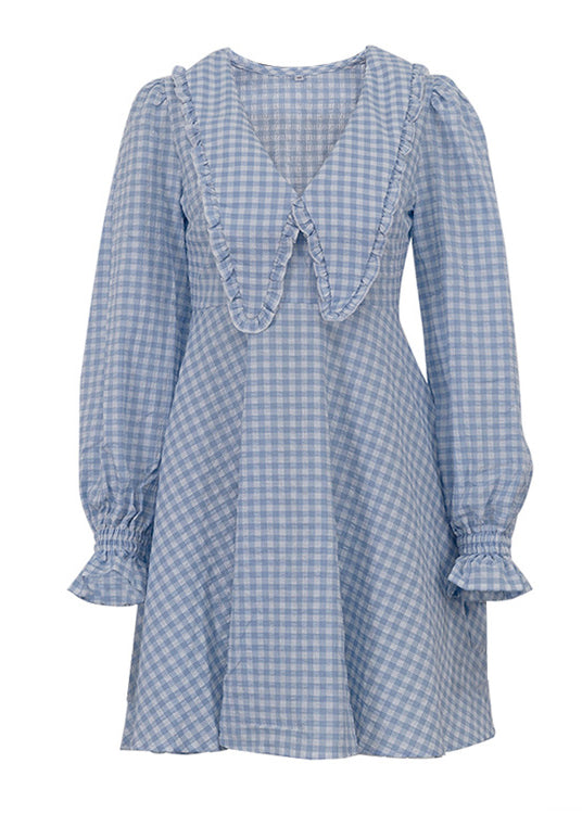French Blue Plaid Ruffled Cotton Day Dress Flare Sleeve