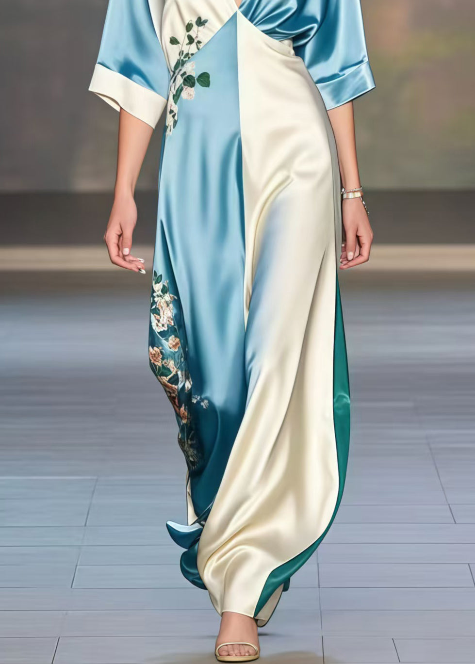 Colorblock V Neck Print Silk Dresses Half Sleeve
