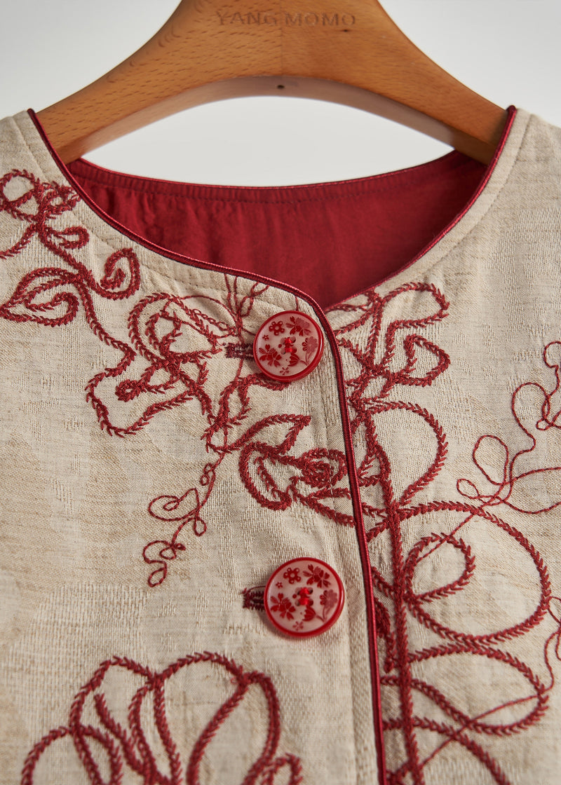 Khaki Embroidered Cotton Coat Fall