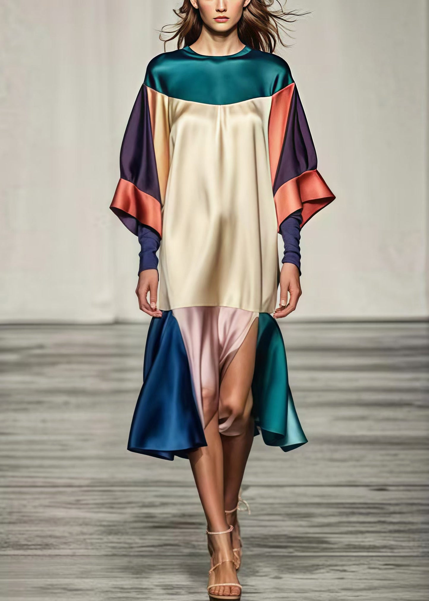 Colorblock Oversized Patchwork Side Open Silk Dress Summer