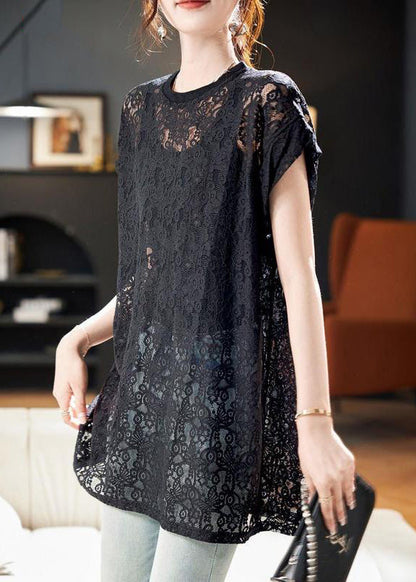 Black O Neck Hollow Out Lace Top Summer
