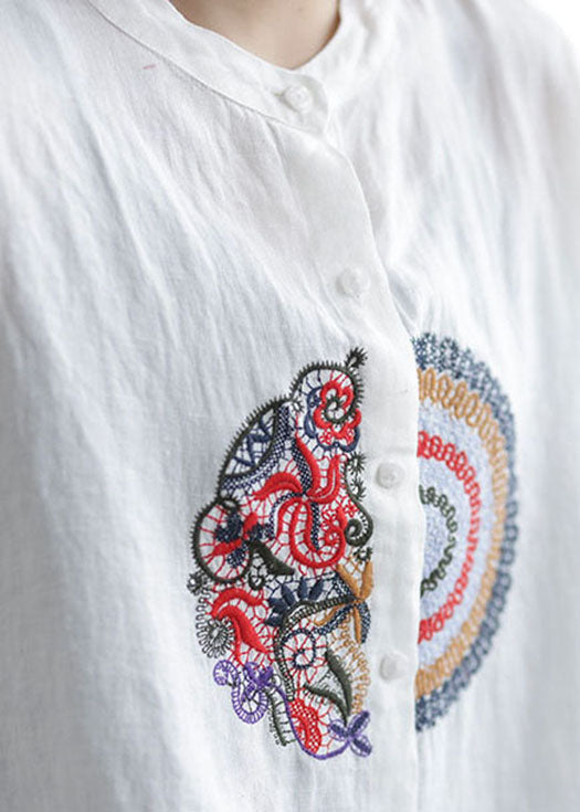 Loose White Embroidered Patchwork Linen Shirts Spring
