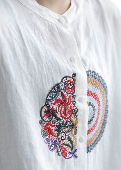 Loose White Embroidered Patchwork Linen Shirts Spring