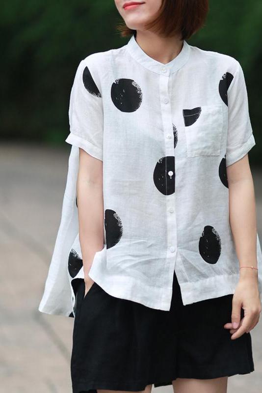 Limited Stock- Polka Dot Cotton Linen Stand Collar Shirt