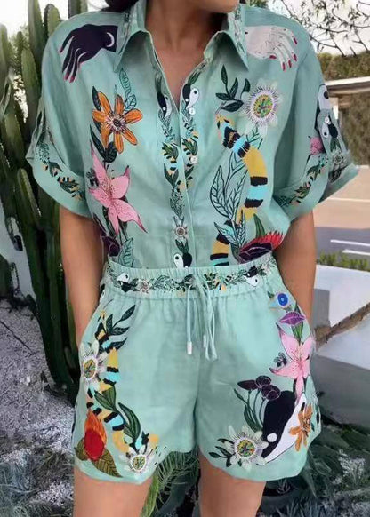 Green Print Elastic Waist Shirts and Shorts Linen Two Piece Set Summer