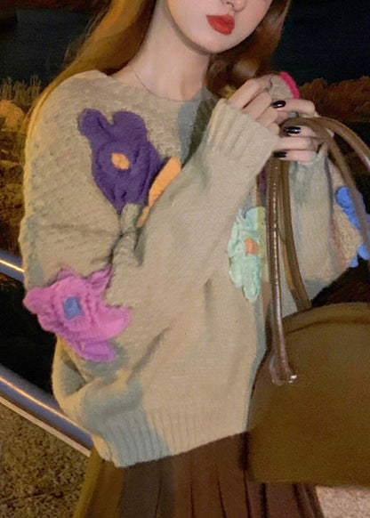 Stylish Khaki O Neck Knit Sweaters Fall